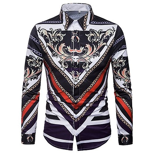 Men shirt Slim retro, geometric print spread collar, long sleeves