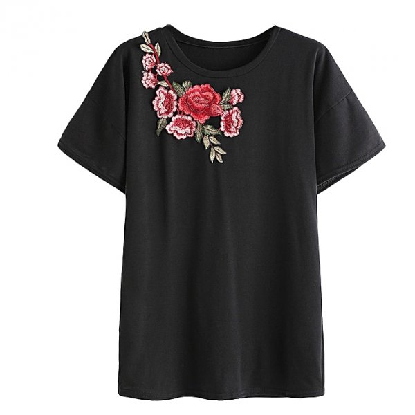 Women Fashion Summer Rose Embroidered T-Shirt Shirt Short Sleeve Top