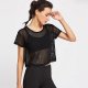 Women black mesh cover sports mesh top dance fitness shirt top