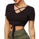 Women's short-sleeved tie waist deep cross strap cut short shirt jacket