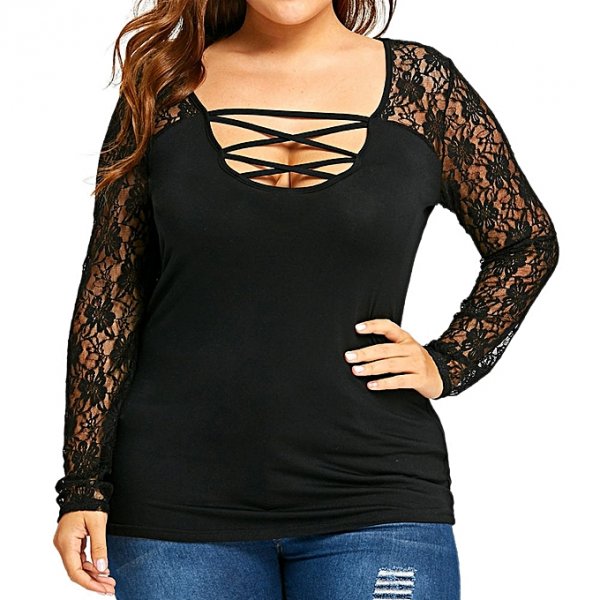 Large size women ladies lace patchwork T-shirt long-sleeved shirt