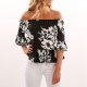 Women off-the-shoulder T-shirt short-sleeved shirt print collar casual shirt