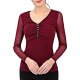 Female long-sleeved shirt diamond mesh Slim V-neckline top red